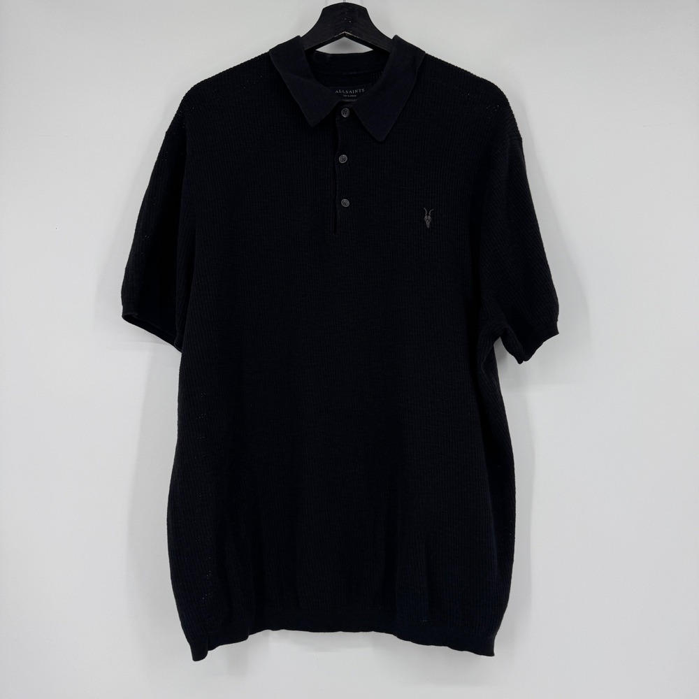 AllSaints Aubrey SS Polo Shirt Mens XXL Black Cotton Knit M020KA - Picture 2 of 9